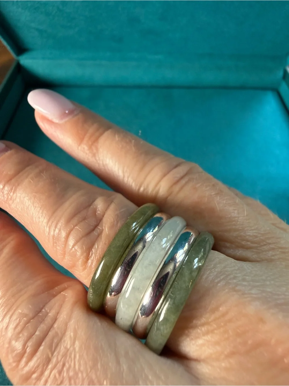 Sterling Silver 925 & Genuine Jade 5-Piece Stacking Ring Set Size 8